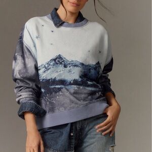 Pilcro Scenic Mountain Crew Neck Sweatshirt from Anthropologie Blue Pattern Sz L